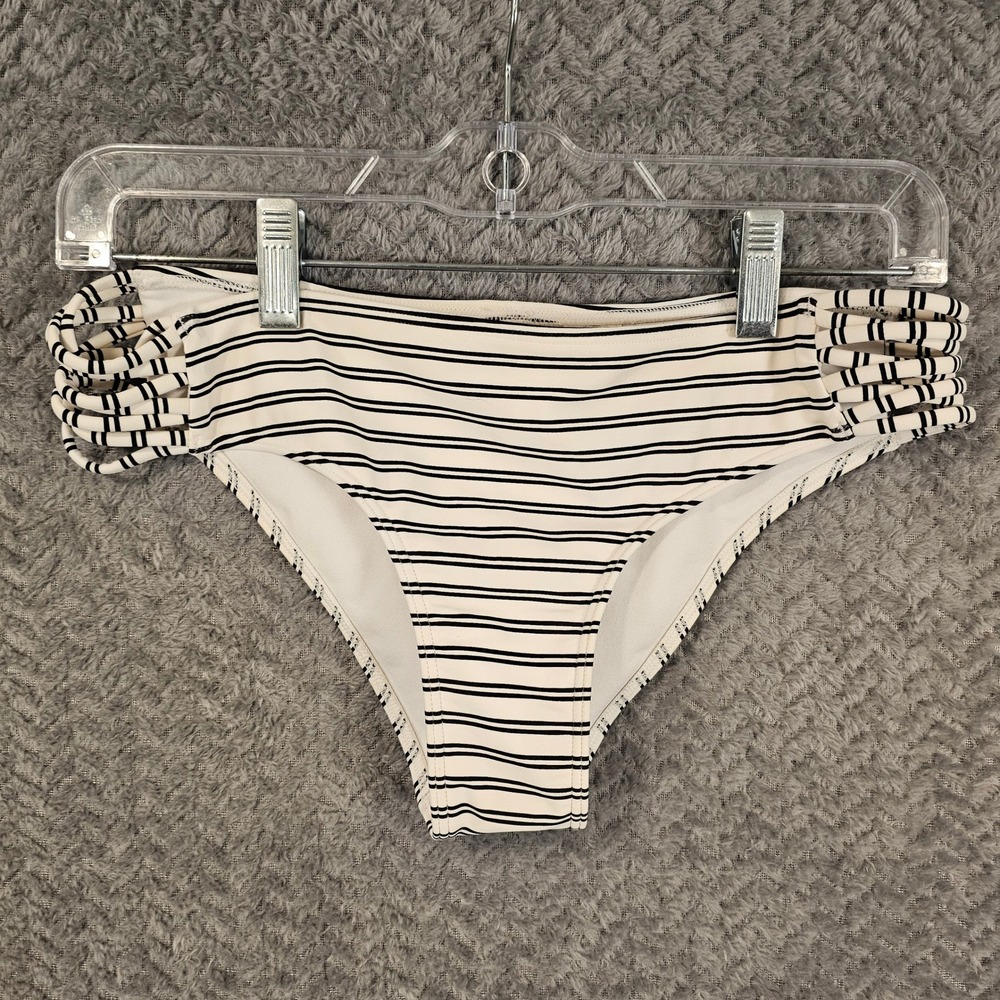 Hollister Swim Striped‎ Strappy Side Ruched Back Bikini Bottoms Cream Black Med